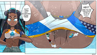 breasts drawing pokemon pussy comic black_hair color butt swimsuit blue_eyes water underwater shrunken_man dark_skin indoors necklace earrings dialogue in_water flippers swimming_pool snorkel dangerking11 bare_midriff nessa nessa_(pokemon) swimming_trunks