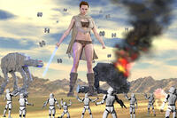 breasts giantess mega destruction brunette boots muscles shorts star_wars fighting outdoors cape guns lasers lightsaber digital_render walker hair_bun bare_legs tie_fighters bare_midriff looking_at_tinies rey_(star_wars) stormtroopers jedi at-at jayzeethefreak99