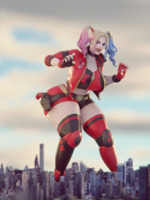 breasts city mega blonde large_breasts gun buildings gloves harley_quinn twintails shorts jacket choker belt thigh_high_boots white_skin bending_forward zipper digital_render dc_comics bare_legs bare_midriff anonymoly