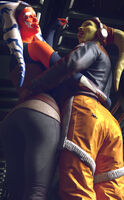 breasts giantess vore horns alien color butt green_eyes climbing gloves boots star_wars hera giantesses dangle tentacles shrunken_person jacket tattoo goggles belt jumpsuit imminent_vore green_skin pinched looking_at_tiny digital_render orange_skin togruta hera_syndulla ahsoka_tano jedi allthesizepuns twilek lekku