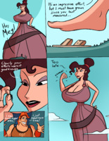 breasts giantess mega comic large_breasts long_hair blue_eyes barefoot cleavage angry brunette goddess dress muscles hand_crush thighs disney cape headband dialogue hands_on_hips hairband titan thick_thighs pinched looking_at_tiny hercules megara caiman2