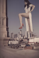 giantess collage city black_hair high_heels asian unknown_artist looking_down white_dress imminent_crush