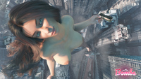 breasts nipples giantess nude city long_hair destruction handheld rampage brunette unknown_artist bus looking_at_viewer digital_render