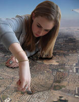 giantess collage city mega long_hair destruction brunette lying_down airplane finger_crush jacket rings bracelet