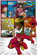 giantess city comic helicopter giganta red_hair ponytail dress lipstick reflection costume earrings belt dialogue legs_crossed justice_league sitting_on_building crane flash dc_comics bare_legs the_flash