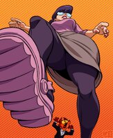 breasts drawing giantess furry upskirt black_hair color clothed skirt glasses fox low_angle unaware shrunken_man under_foot raised_foot imminent_crush no_background scarfofsilver