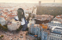 giantess collage brunette street unknown_artist sitting uniform town leaning_against_building knee_high_socks bangs