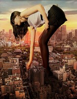 breasts giantess collage city mega long_hair butt handheld skirt buildings glasses brunette stockings asian reaching pen tokyo shirt tokyo_tower necklace earrings bending_down picked_up office_lady