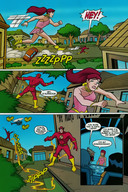 giantess city comic black_hair helicopter giganta red_hair ponytail boots running vehicles costume earrings belt dialogue linda_park justice_league flash dc_comics bare_legs the_flash