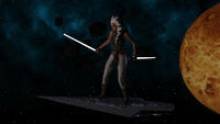 breasts giantess giga horns alien space planet cleavage boots star_wars pants tattoo belt lightsaber digital_render cosmic_giantess orange_skin togruta ahsoka_tano jedi star_destroyer dr_none lekku