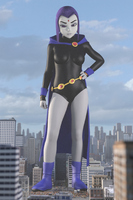 breasts giantess city mega buildings purple_hair purple_eyes raven teen_titans street boots looking_down point_of_view cape belt leotard crowds hands_on_hips running_away hood looking_at_tiny digital_render dc_comics bare_legs grey_skin gtssrg