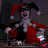 breasts giantess city mega large_breasts buildings breast_crush street harley_quinn laughing mask night costume closed_eyes police_car digital_render dc_comics clown_makeup anttiergod