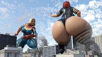 breasts giantess city mega blonde large_breasts butt destruction buildings gloves red_hair boots fighting giantesses costume leotard thick_thighs black_widow digital_render bare_legs marvel_comics captain_marvel carol_danvers consumptonz