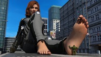 giantess city mega armor barefoot buildings street red_hair foot_worship sitting worship foot_slave costume catsuit jumpsuit iron_man hulk captain_america green_skin black_widow digital_render spider-man marvel_comics scarlett-gts