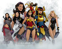 breasts drawing giantess mega blonde black_hair color large_breasts long_hair armor skirt high_heels brunette smiling gloves asian boots fishnets costume wonder_woman cape leotard bracelet tiara hairband justice_league mary_marvel helmet zipper zatanna dc_comics bare_legs elasti-girl bare_midriff black_canary rita_farr mcguan talia_al_ghul big_barda