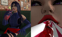 breasts comic black_hair gloves asian boots sitting drink indoors deadpool straw leotard x-men imminent_vore psylocke digital_render bare_legs marvel_comics roodedude trapped_inside_straw