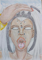 drawing giantess white_hair vore mega color storm open_mouth falling dark_skin dropped bracelet tiara x-men white_eyes marvel_comics mass_vore wanbadan321