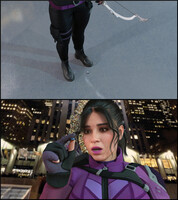 breasts city comic black_hair buildings brown_eyes gloves ponytail boots hawkeye shrunken_man bow costume belt van pinched digital_render marvel_comics kate_bishop celton