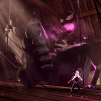 breasts growth giantess tongue venom sitting indoors costume hood digital_render gwen_stacy symbiote spider-man marvel_comics spider-gwen thesigmaarts she-venom