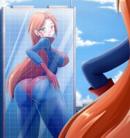 breasts drawing giantess city mega color large_breasts long_hair butt buildings green_eyes gloves red_hair reflection costume giant_girl hands_on_hips thick_thighs mary_jane thedaibijin spider-man marvel_comics earth_20052 ci0