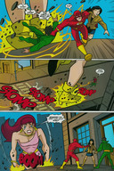giantess city comic black_hair destruction cleavage skirt giganta asian red_hair ponytail boots costume tears earrings belt running_away linda_park justice_league flash dc_comics bare_legs the_flash weather_wizard