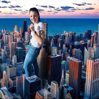 giantess collage city mega clothed jeans brunette smiling unknown_artist standing chicago