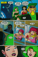 giantess city blonde space comic black_hair blue_eyes green_eyes giganta green_hair red_hair ponytail fire mask costume wonder_woman earrings dialogue tiara hairband linda_park justice_league flash pinched dc_comics tv_screen the_flash bare_midriff green_arrow mr_terrific