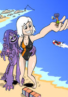 breasts drawing giantess white_hair mega color swimsuit beach handheld barefoot cleavage water ocean ginormica short_hair phone fishing giantesses boats tentacles monsters_vs_aliens purple_skin bare_legs susan_murphy dreamworks kraken webbed_feet webbed_fingers drsgrowth ruby_gillman