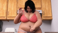 panties large_breasts blue_eyes bra brunette underwear smiling bbw lingerie belly kitchen shrunken_man falling indoors waving dropped panty_entrapment digital_render galiagan bare_midriff panties_pulled stretch_marks