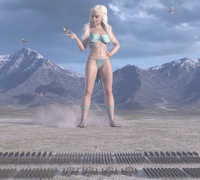 breasts giantess white_hair mega long_hair cleavage bra military castle sandals queen mountains outdoors dragons hands_on_hips on_finger looking_at_tiny digital_render game_of_thrones daenerys_targaryen loincloth bare_legs catapult bare_midriff gtssrg