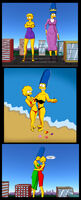 bikini breasts drawing giantess city mega comic color long_hair swimsuit destruction beach handheld barefoot rampage cleavage skirt ocean buildings blue_hair dress sandals marge_simpson simpsons crown queen cartoon giantesses hugging marge the_simpsons milf closed_eyes necklace earrings dialogue bare_legs pearl_necklace yellow_skin circlet bare_midriff looking_at_tinies bigchipher66 lisa_simpson
