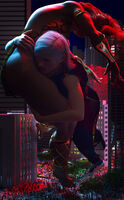 breasts giantess white_hair city mega color long_hair butt crossover barefoot bra buildings shoes giganta red_hair ginormica short_hair fighting giantesses reflection night thighs monsters_vs_aliens jumpsuit crowds bracelet running_away digital_render dc_comics loincloth bare_legs susan_murphy dreamworks allthesizepuns