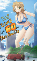 breasts drawing giantess city mega blonde color large_breasts swimsuit cleavage green_eyes parody ladder running_away attack_of_the_60ft_centerfold riho_futaba firetruck thedaibijin bare_legs demolition_girl fireman bare_midriff