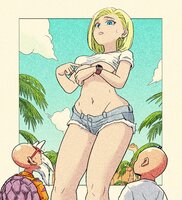 breasts drawing growth giantess mega blonde color blue_eyes cleavage glasses dbz android_18 watch underboob shorts dragon_ball palm_trees earrings top daisy_dukes master_roshi bare_legs krillin bare_midriff pink_mousse