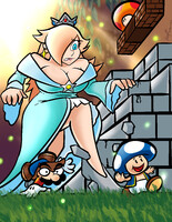 breasts drawing giantess blonde color destruction blue_eyes cleavage mario brunette dress mushroom toad crown super_mario earrings princess_rosalina hair_covering_eyes mega_mushroom magotthemaggot