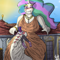 drawing giantess furry unicorn between_toes red_nails my_little_pony twilight_sparkle princess_celestia daylight pale_skin rainbow_hair tan_dress