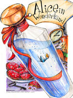 drawing blonde color skirt water dress bottle shrunken_woman hat alice_in_wonderland cookie alice key namirenn