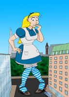 breasts drawing giantess city mega blonde color blue_eyes dress wolfman_al london vehicles apron alice_in_wonderland disney hair_bow big_ben hairband striped_socks