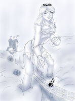 breasts drawing giantess panties monochrome long_hair rampage cleavage angry castle queen parody straddling alice_in_wonderland disney hair_bow ripped_clothing running_away attack_of_the_50_foot_woman queen_of_hearts bare_legs bare_midriff alice kogochew