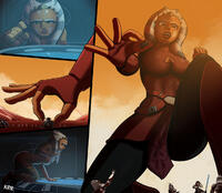 breasts drawing giantess horns mega alien comic color large_breasts butt armor blue_eyes skirt desert gloves boots kneeling surprised star_wars dark_skin tattoo belt lightsaber pinched walker orange_skin cleavage_window togruta hologram kisparlius ahsoka_tano clone_troopers jedi stass_allie at-te Mega lekku