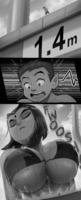 bikini breasts drawing comic monochrome cleavage water wet huge_breasts suprised raven teen_titans beast_boy shrunken_woman shrunken_man closed_eyes swimming_pool pointed_ears dc_comics dripping_wet ravenravenraven between_breasts jinx_(teen_titans) swimming_trunks on_bikini