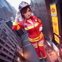 breasts giantess city mega skirt buildings brunette gloves street earrings bare_legs fireman ai_art lordgts