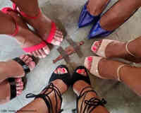 collage high_heels shoes shrunken_man red_nails floor taped_down marklovefeet