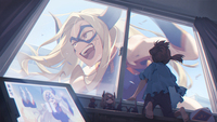 breasts drawing giantess horns blonde color brunette purple_eyes sweat open_mouth advertisement mask doll video costume tablet superheroine my_hero_academia plushie mt._lady cocodar looking_out