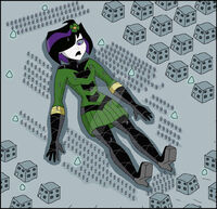 breasts drawing giantess city black_hair color skirt high_heels buildings purple_eyes gloves boots gullivera costume tied_down liliputian white_skin ropes on_body dc_comics on_breasts shrinking_violet nightcore100 legion_of_superheroes flower_in_hair