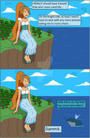 breasts drawing giantess mega blonde comic color long_hair blue_eyes ocean ponytail dress sitting dialogue cliff hairband whale nightcore100 thumbelina