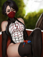 breasts drawing black_hair color brown_eyes gloves asian sitting shrunken_man mask thighs outdoors costume leotard legs_crossed bare_legs spider-man marvel_comics cindy_moon silk peter_parker adamdraws