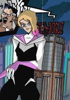 breasts drawing giantess city mega blonde color blue_eyes night leaning_against_building costume new_york_city hood web reporter looking_at_tiny gwen_stacy miles_morales spider-man marvel_comics spider-gwen cutaway daily_bugle galaxytrousers j._jonah_jameson