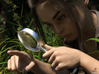 white_hair micro brunette shrunken_man fingers outdoors magnifying_glass on_finger looking_at_tiny digital_render vorifax