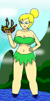 breasts drawing giantess wings mega blonde color large_breasts blue_eyes handheld cleavage skirt water ocean fairy island tinkerbell disney ships hands_on_hips pirate wading anchor pointed_ears arias87 hair_bun bare_legs bare_midriff
